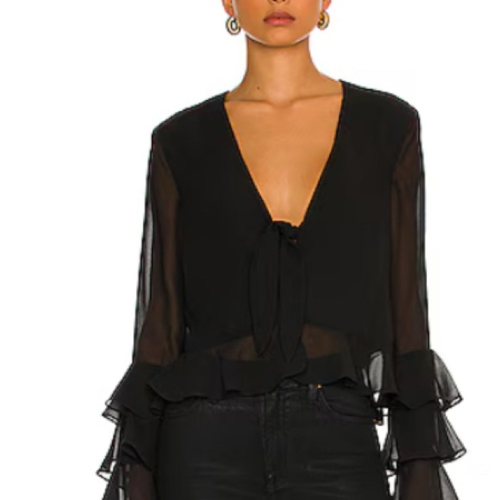 Tularosa Black Long Sleeve Tie Front Ruffled Blouse